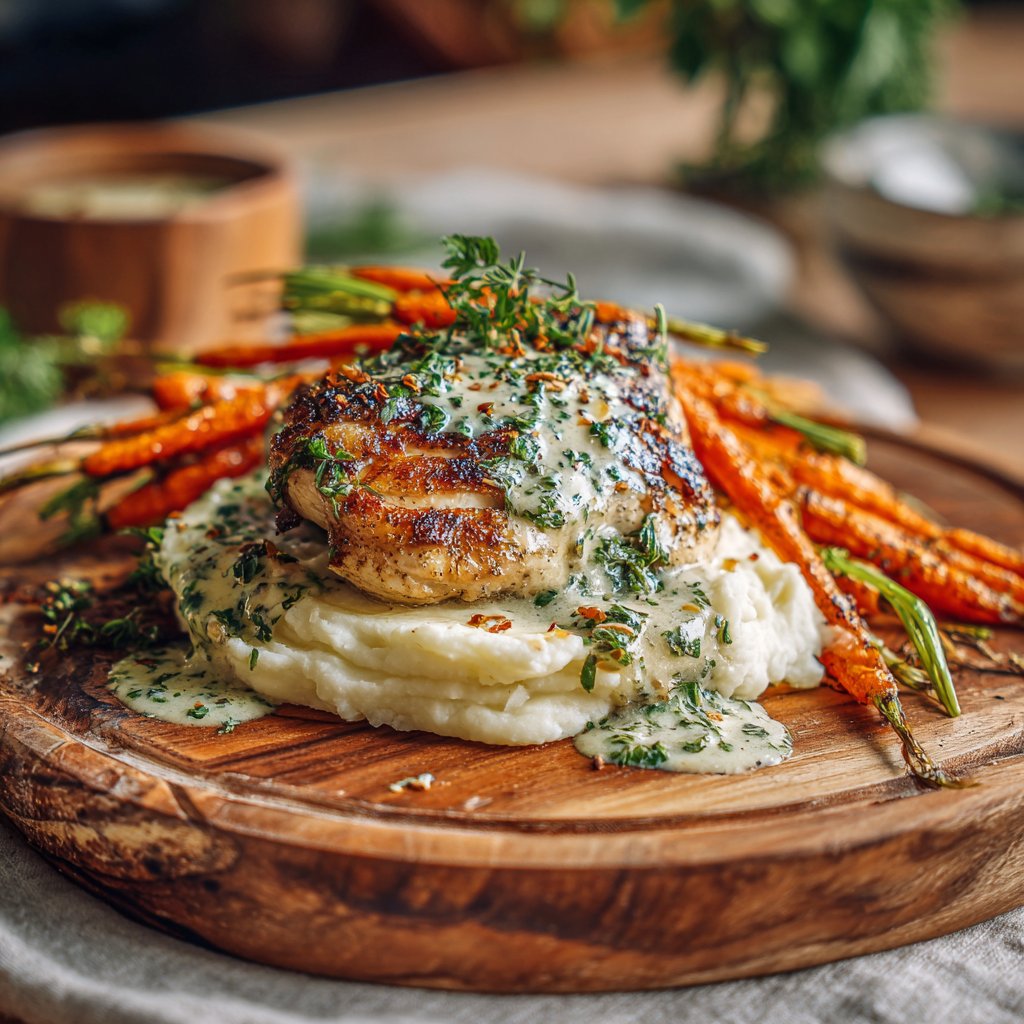 Creamy Herb Chicken with Mashed Potatoes and Honey Glazed Carrots