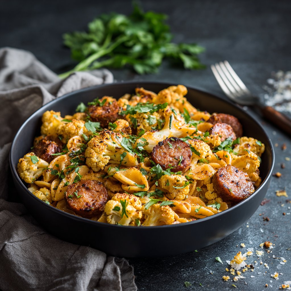 One Pot Cajun Sausage Pasta with Roasted Cauliflower